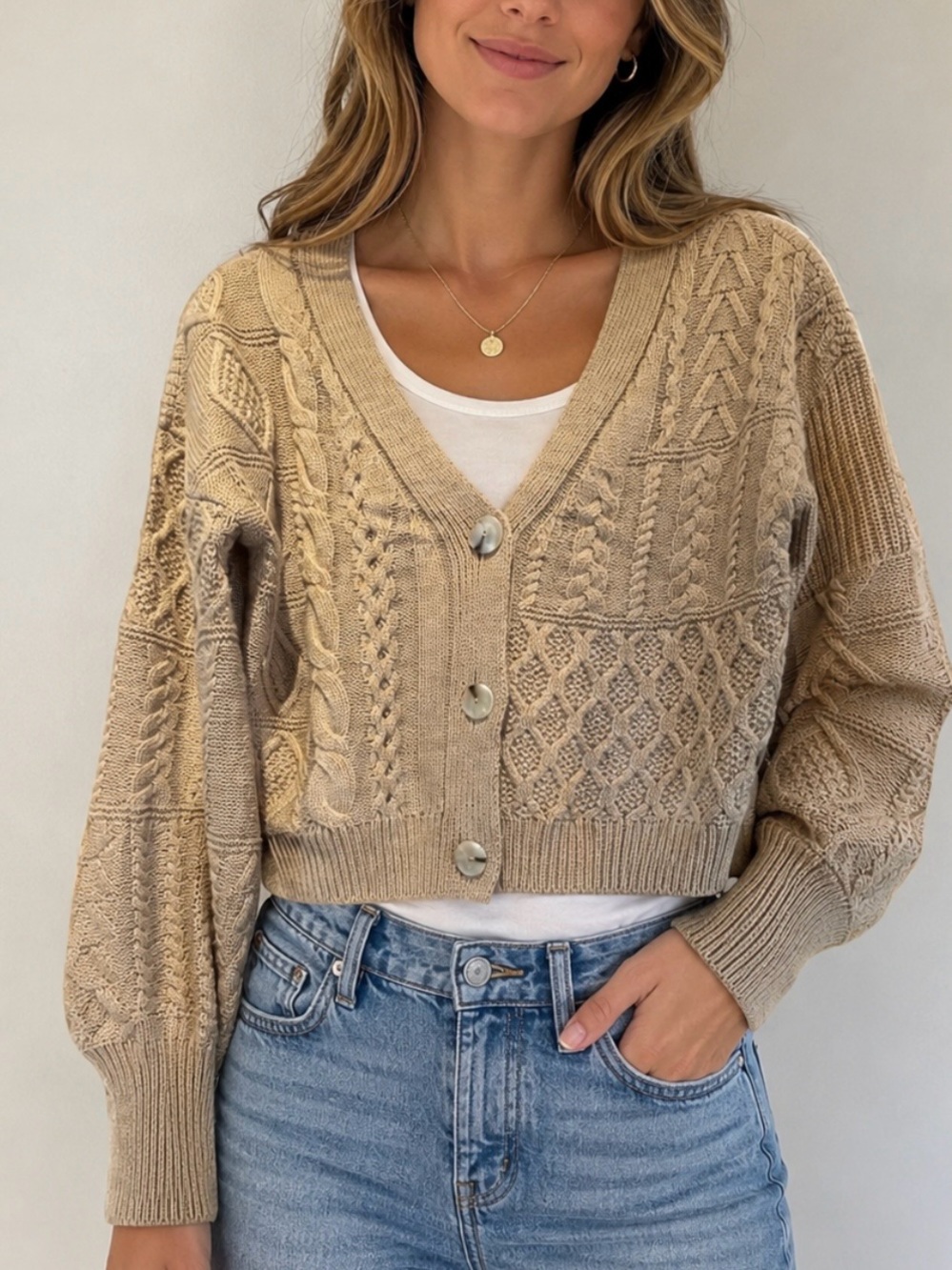 Cropped Cable Knit Cardigan, Tan Color,Size Small